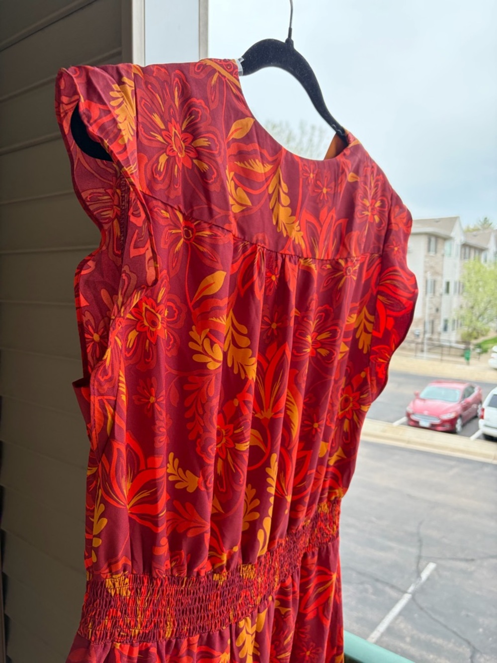 🆕🍎 Vince Camuto Boho Floral Maxi Dress Red Orange Tiered Size L Summer Flowy - Picture 9 of 16